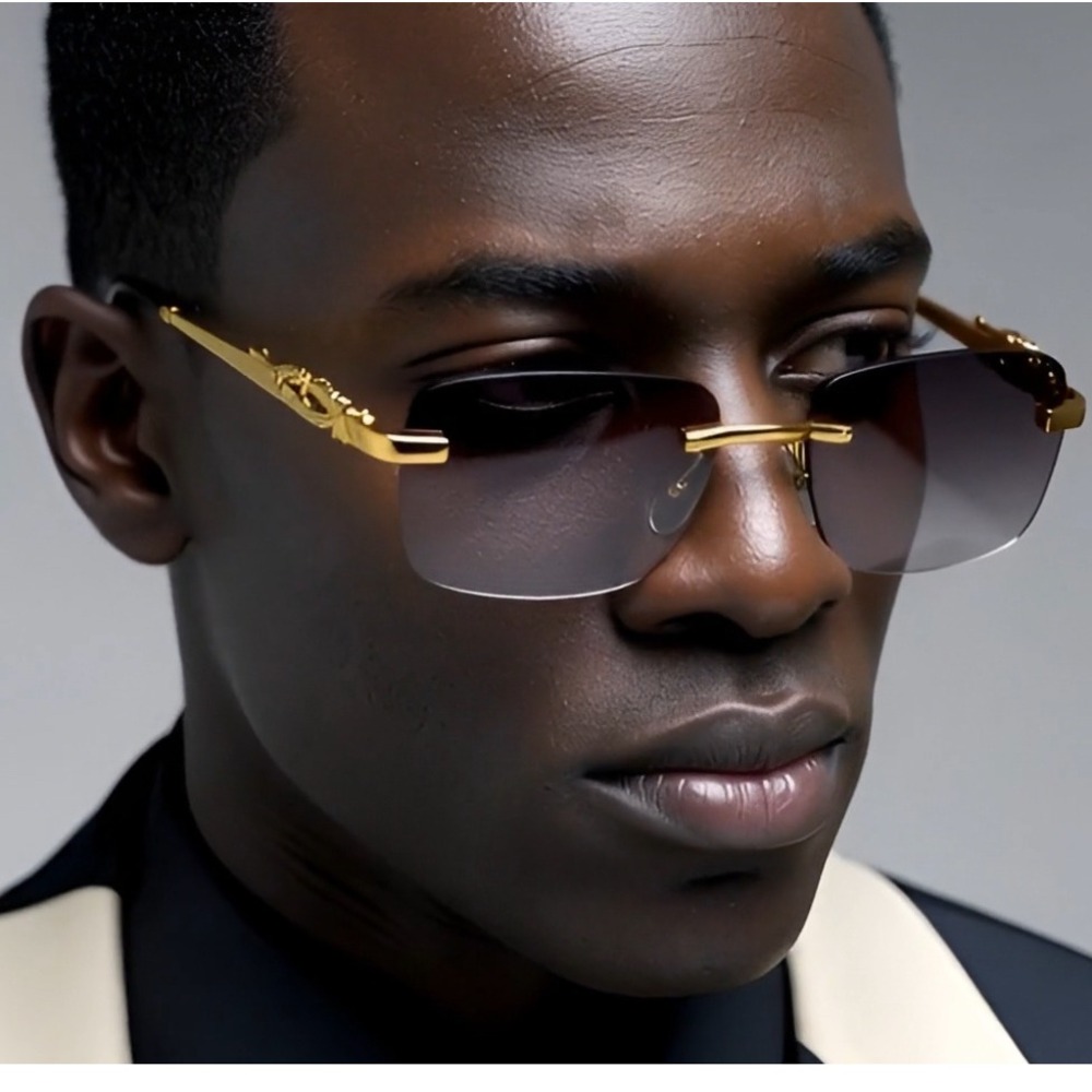 Men Women Sunglasses Rimless Hip Hop Black Lens‎ Gold Frame Small Rapper